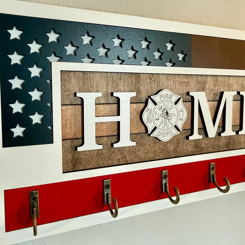 Firefighter Key Holder | Rustic American Flag Home Decor, Boho Style ...