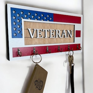 Veteran USA Flag Key Holder Red White Blue Patriotic Wall Hook Organizer Military Gift USA Decor Housewarming Gift
