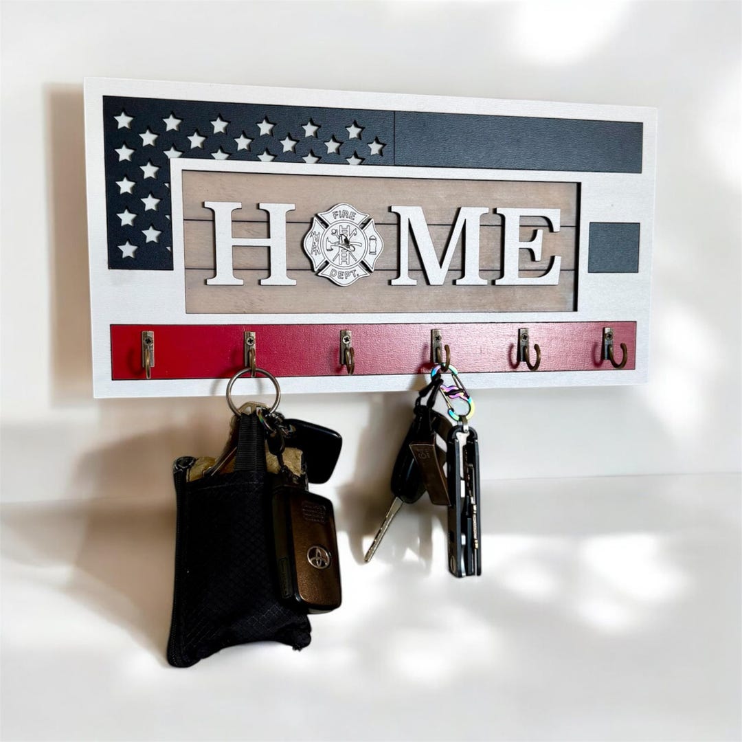 Firefighter Key Holder, USA Flag, Thin Red Line, Maple Plywood - Etsy