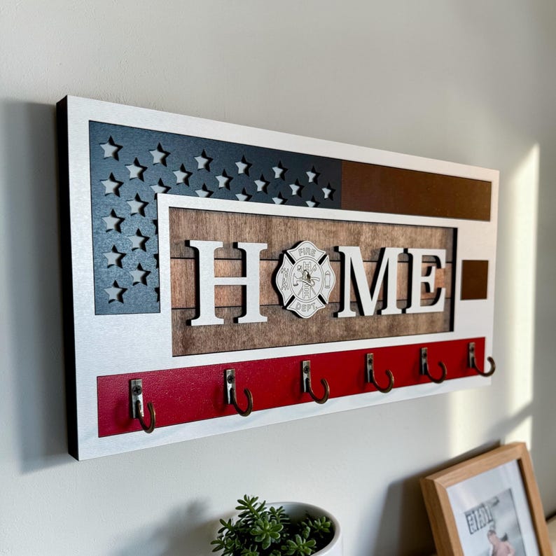 Firefighter Key Holder | Rustic American Flag Home Decor, Boho Style ...