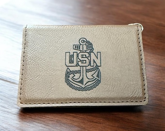 Engraved Navy Chief Leatherette ID Card Holder Keychain, Military Retirement Gift