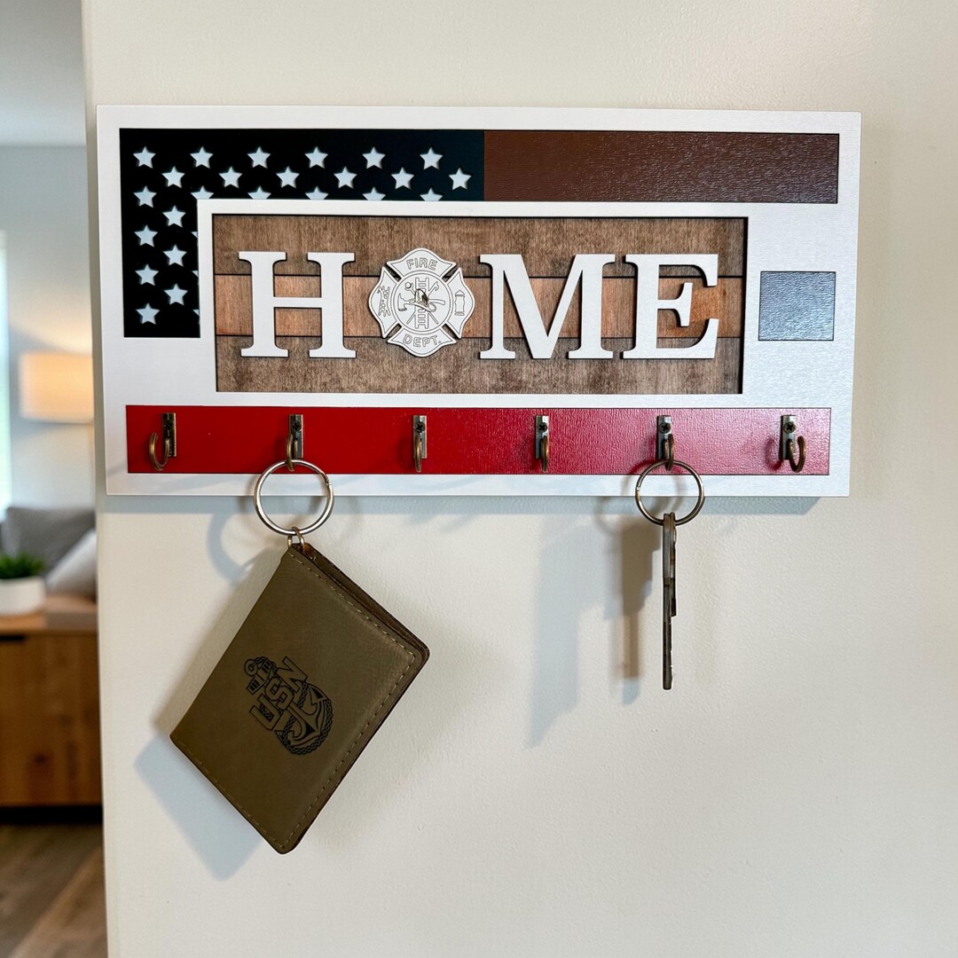 Firefighter Key Holder | Rustic Wood, Neutral Flag, Boho Decor, First ...