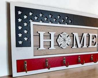 USA Flagge Feuerwehrmann Schlüsselhalter, dünne rote Linie, Ahorn Sperrholz Wanddekoration