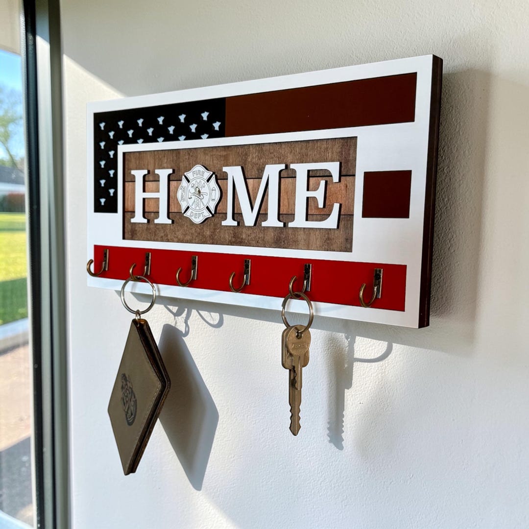 Firefighter Key Holder | Rustic Wood, Neutral Flag, Boho Decor, First ...