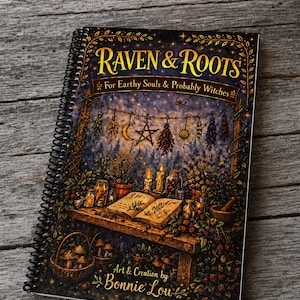 May include: A spiral-bound notebook featuring a dark, detailed illustration of a wooden table with an open book, candles, jars, and hanging herbs. The cover text reads "RAVEN & ROOTS For Earthy Souls & Probably Witches" and "Art & Creation by Bonnie Lou."