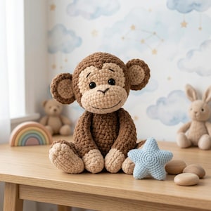Puede incluir: Una muñeca de mono de ganchillo hecha a mano en tonos marrón y beige, con una cara sonriente y orejas grandes. Una estrella de ganchillo azul claro y juguetes de madera están al lado del mono. El fondo presenta un arcoíris pastel y una muñeca de conejo.