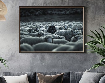 Pôster Lobo Negro em Rebanho de Ovelhas - Arte de Parede Gótica para Decoração Misteriosa de Casa