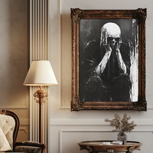 Póster analógico de criatura calavera de terror - Pintura de arte mural oscura en blanco y negro - Impresión vintage de esqueleto en la oscuridad espeluznante imagen 3