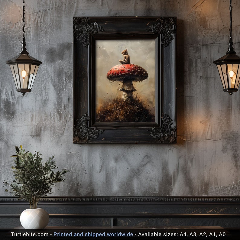 May include: A framed painting of a small figure sitting on a large red mushroom with white spots. The mushroom is in a forest setting with green grass and brown leaves. The painting is in a black frame with ornate details.