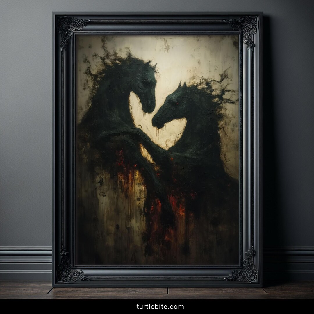 Dark Horse Art Print, Gothic Wall Art, Moody Painting, Mysterious Black ...
