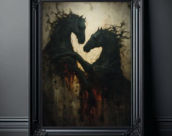 Dark Horse Art Print, Gothic Wall Art, Moody Painting, Mysterious Black Horses Poster, Surreal Nightmare Decor, Disturbing Art Print