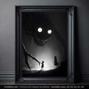 May include: Black and white framed art print depicting a dark fantasy scene. A large, shadowy creature with glowing eyes looms over two small figures. The print is framed in a black ornate frame. The text "Turtlebite.com" is at the bottom.