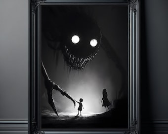 Monster Poster: Mysterious Kids Playing with Huge Creature, Dark Illustration, Nightmare Extra Large Wall Art, Witchy Frightening Prints