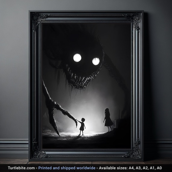 Monster Poster: Mysterious Kids Playing with Huge Creature, Dark Illustration, Nightmare Extra Large Wall Art, Witchy Frightening Prints