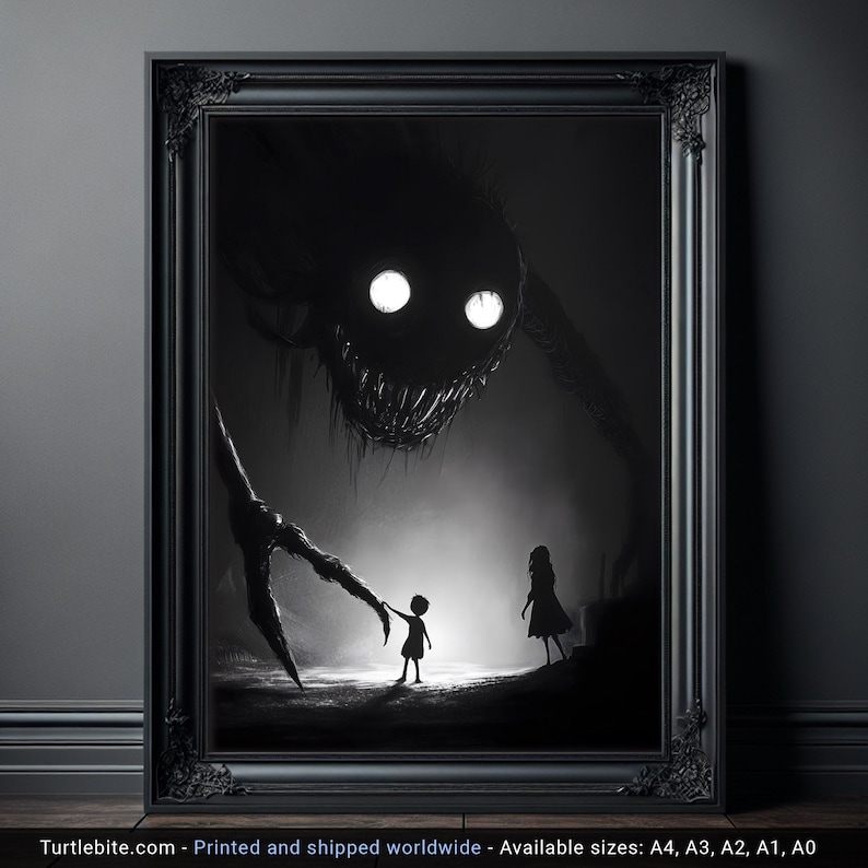 May include: Black and white framed art print depicting a dark fantasy scene. A large, shadowy creature with glowing eyes looms over two small figures. The print is framed in a black ornate frame. The text "Turtlebite.com" is at the bottom.