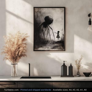 Little Girl Helping Baby Spider Monster Poster, Dark Fine Art Drawing, Creepy Cute Poster Print, Scary Pictures, Horror Artwork image 3