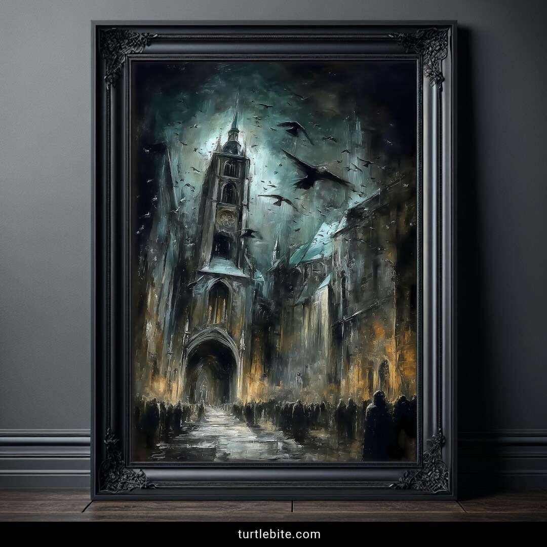 Gothic Cathedral Art Print, Dark Architecture Wall Art With Crows ...