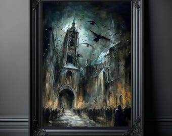 Gothic Kathedrale Art Print, Dark Architektur Wandkunst mit Krähen, Stimmungsvoller Sturmhimmel Poster, Gothic Wanddekoration, Barocke Malerei