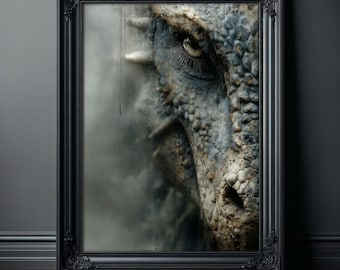 Lámina de dragón, retrato de criatura de fantasía oscura, arte mural gótico, póster de ser mítico surrealista, decoración misteriosa y melancólica.