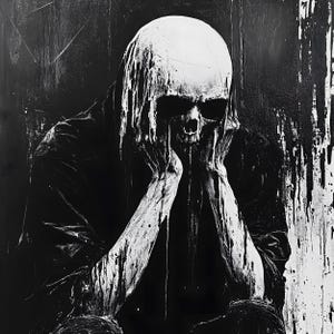 Póster analógico de criatura calavera de terror - Pintura de arte mural oscura en blanco y negro - Impresión vintage de esqueleto en la oscuridad espeluznante imagen 2