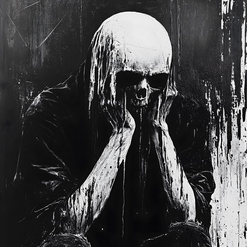 Póster analógico de criatura calavera de terror - Pintura de arte mural oscura en blanco y negro - Impresión vintage de esqueleto en la oscuridad espeluznante imagen 2