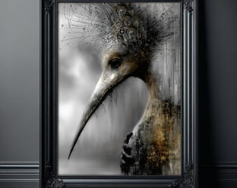 Gotycki wydruk artystyczny z ptakiem, mroczny, surrealistyczny plakat z doktorem zarazy, dekoracja ścienna w stylu steampunk