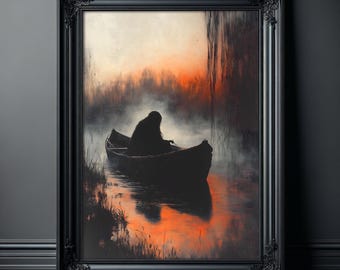 Mystic Demon in a Boat Painting Poster | Large Gothic Painting for Living Room | Witchy Whimsigoth Wall Art Print | Dark Academia