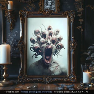 May include: A framed print depicting a surreal, grotesque creature with multiple mouths and eyes, all open and screaming. The creature is set against a dark, shadowy background, creating a sense of horror and unease.