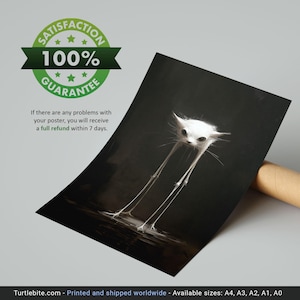 Op de afbeelding: Een digitale kunstprint van een witte kat met lange, dunne poten die op een donkere achtergrond staat. De kat heeft een verraste uitdrukking op zijn gezicht. De print is verkrijgbaar in verschillende formaten, waaronder A4, A3, A2, A1 en A0.