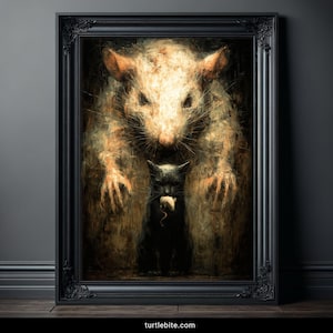 Puede incluir: Obra de arte enmarcada que representa una gran rata amenazante sobre un gato negro que sostiene un ratón. La obra tiene un estilo oscuro y texturizado con un marco negro ornamentado. El texto "turtlebite.com" está en la parte inferior.