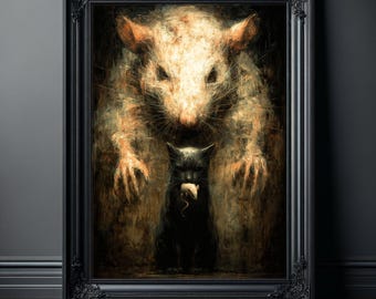 Plakat surrealistyczny, gotycki nadruk ze szczurem, kotem i myszą, horror na ścianie, mroczny, dziwaczny obraz ze zwierzętami, tajemniczy, przerażający wystrój domu, prezent z koszmaru