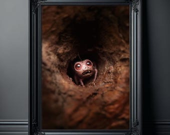 Cryptid Wall Art Print – Creepy Cute Monster Peeking Out of a Hole in the Dirt, Dark Whimsical Surrealism Poster for Gothic Home Decor