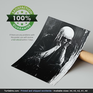 Póster analógico de criatura calavera de terror - Pintura de arte mural oscura en blanco y negro - Impresión vintage de esqueleto en la oscuridad espeluznante imagen 4