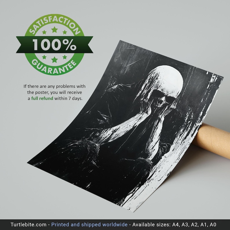 Póster analógico de criatura calavera de terror - Pintura de arte mural oscura en blanco y negro - Impresión vintage de esqueleto en la oscuridad espeluznante imagen 4