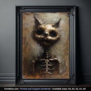 Lámina artística única de un gato esquelético y de aspecto desaliñado - Decoración gótica oscura y extravagante - Regalo para amantes de los gatos espeluznantes - Pintura al óleo de un gato siniestro