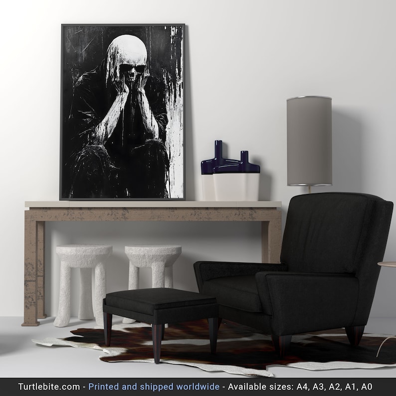 Póster analógico de criatura calavera de terror - Pintura de arte mural oscura en blanco y negro - Impresión vintage de esqueleto en la oscuridad espeluznante imagen 6