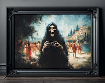 Grim Reaper Art Print - Dark Humor Beach Photography Wall Art - Skeleton Tourist Poster - Macabre Gothic Home Decor - Death Comedy Gift