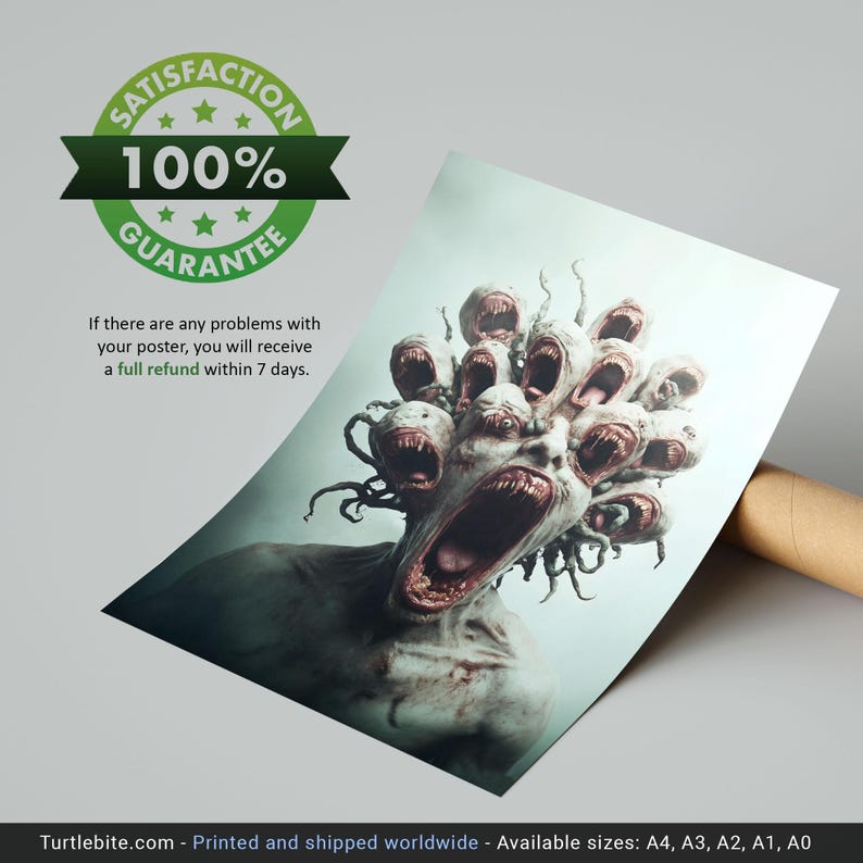 May include: A digital art print of a horrifying creature with multiple mouths and eyes, all screaming. The creature is depicted in a light green and grey colour scheme. The print is available in various sizes, including A4, A3, A2, A1, and A0.