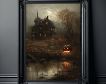 Hauntingly Beautiful - Classic Halloween Pumpkin Poster and Haunted House Art Print for Home Decor, Premium Semi-Glossy Paper Poster A4-A0