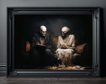 Lámina artística gótica, Arte de pared con humor negro sobre terapia de pareja con momias, Decoración de terror, Póster macabro de esqueleto egipcio, Decoración gótica para el hogar Memento Mori