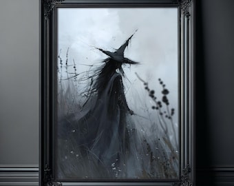 Arte Gótica de Bruxa: Pôster com Pintura Sombria em Grama Alta, Pôster de Bruxaria Onírica, Decoração de Halloween, Arte Romântica Sombria, Decoração Gótica para Casa