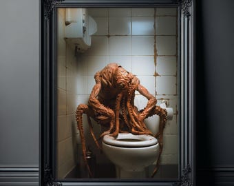 Poster met triest octopusmonster op toilet: gotische muurkunstprint voor een verontrustend griezelige sfeer, griezelig leuke, gekke poster, eigenzinnige print