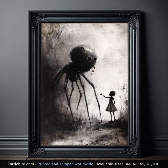 Little Girl Helping Baby Spider Monster Poster, Dark Fine Art Drawing, Creepy Cute Poster Print, Scary Pictures, Horror Artwork