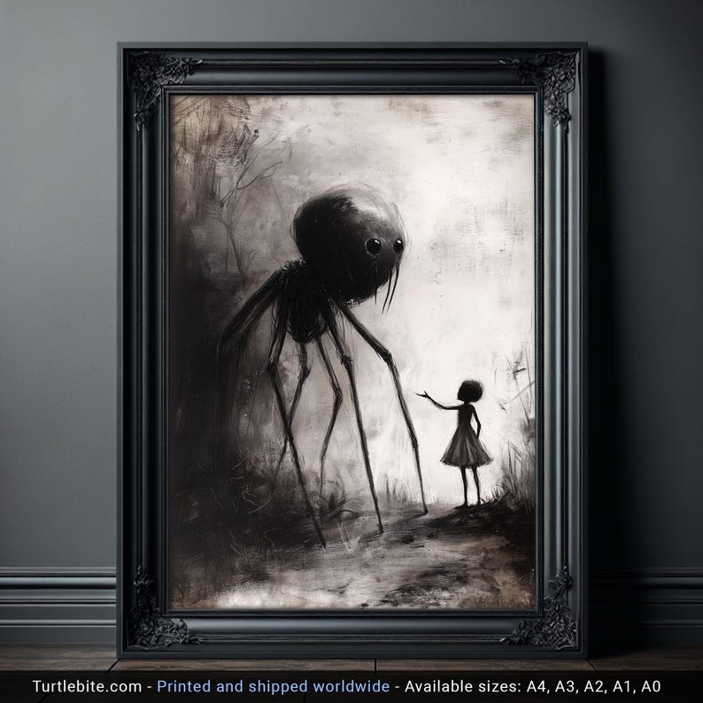 May include: Black and white framed art print depicting a surreal scene. A large, dark, spider-like creature faces a small girl in a dress. The artwork is framed in a black ornate frame. The text "Turtlebite.com" is at the bottom.