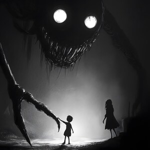 May include: A grayscale illustration depicts a shadowy, monstrous figure looming over two small children. The creature has glowing eyes and a menacing grin. One child reaches out, while the other stands nearby. The scene evokes a sense of dread and suspense.