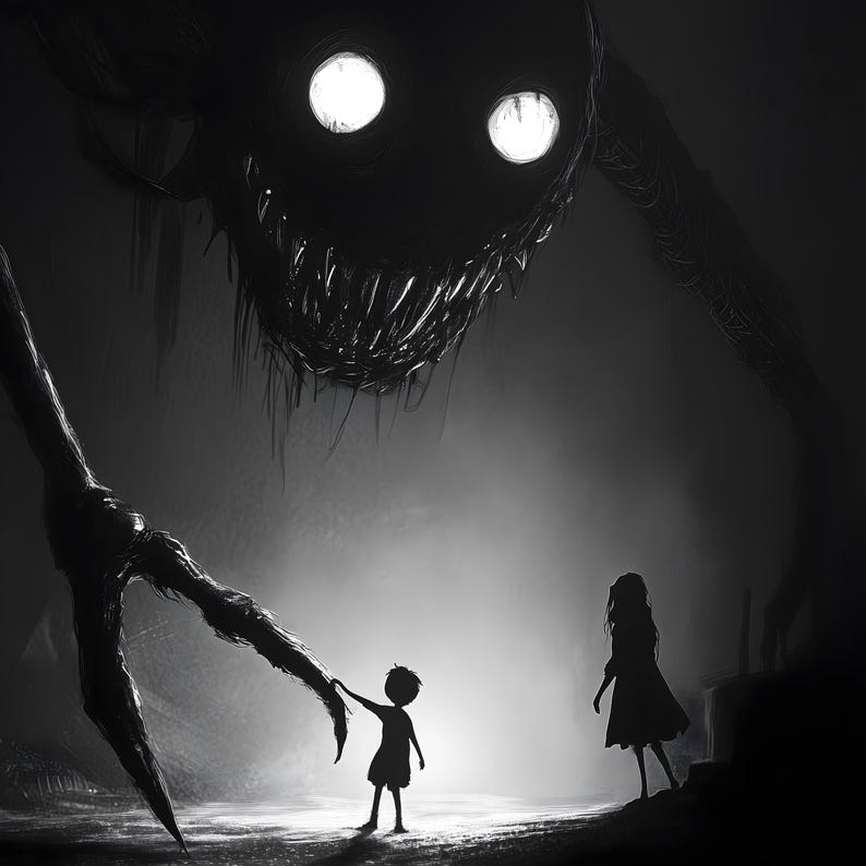 May include: A grayscale illustration depicts a shadowy, monstrous figure looming over two small children. The creature has glowing eyes and a menacing grin. One child reaches out, while the other stands nearby. The scene evokes a sense of dread and suspense.