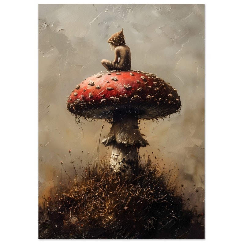 Mystical Little Druid sitting on Mushroom Painting, Cottagecore Dark Art Print, Dark Art Painting, Dark Romantic Art A0 (84.1x118.9cm / 33x47")