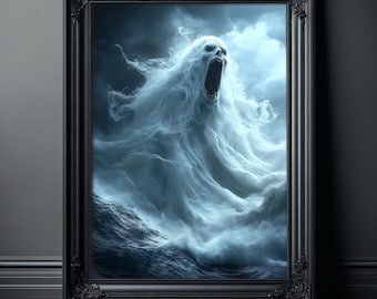 Terrifying Ocean Ghost Poster Print, Dark Sea Spirit Screaming Amid Stormy Waves in Spooky Supernatural Horror Artwork, Scary Pictures