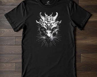 Camiseta Dark Art - Camiseta com design de criatura demoníaca com chifres góticos - Camiseta com estampa de besta de fantasia em metal preto - Moda alternativa oculta