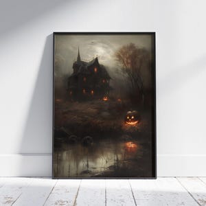 Hauntingly Beautiful - Classico poster di zucca di Halloween e stampa artistica di casa stregata per l'arredamento della casa, poster di carta semi-lucida di alta qualità A4-A0